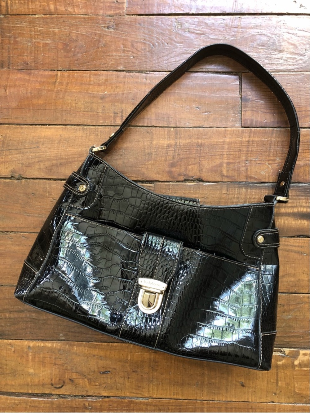 Liz Claiborne Black Croc-Embossed Shoulder Bag with Silver-Tone Clasp